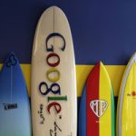 Surfboards lean against a wall at the Google office in Santa Monica